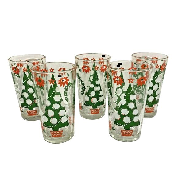 Vintage Merry Christmas Holiday Glasses Set (5) Mod Tree & New Years Tumblers - Picture 1 of 9